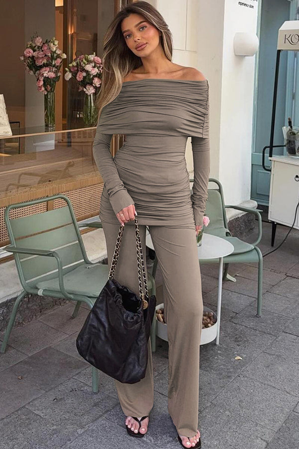 Ruched Off Shoulder Long Sleeve Pants Set