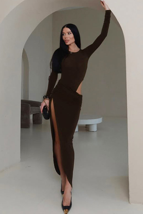Round Neck Long Sleeve Hollow Slit Maxi Dress
