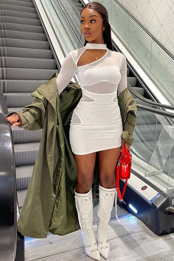 High Neck Hollow Mesh Patchwork Mini Dress