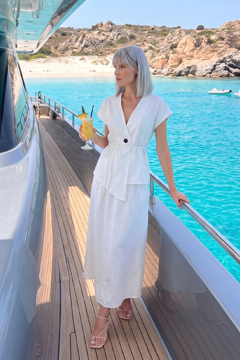 V Neck Tie Waist Tailored Skirt Sets