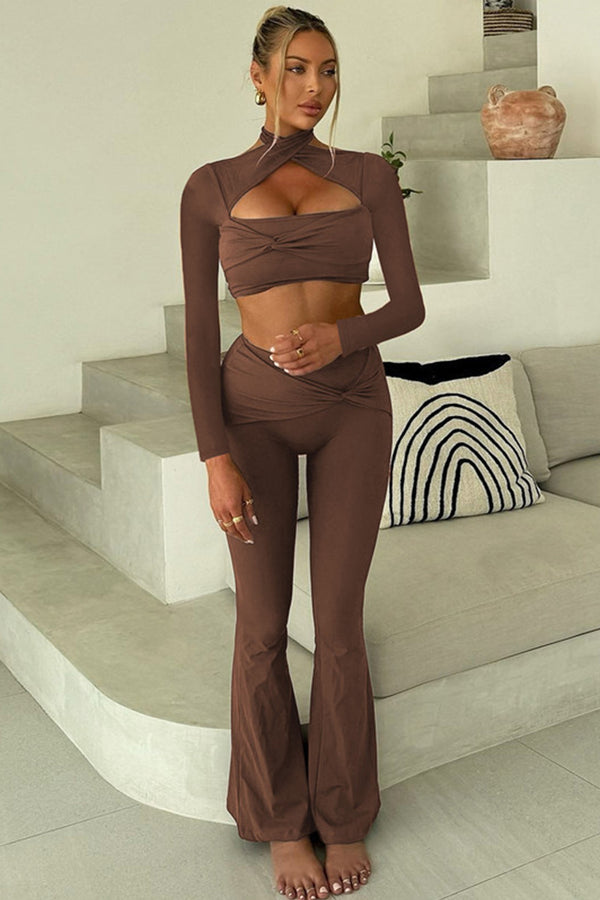 Cross Halter Long Sleeve Twisted Ruched Pants Set