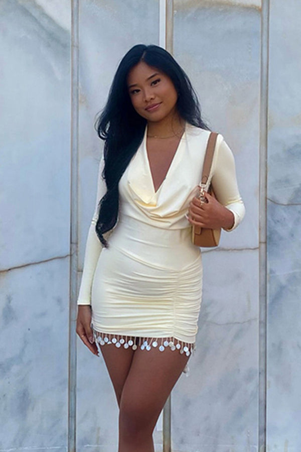 Cowl Neck Long Sleeve Ruched Tassels Mini Dress