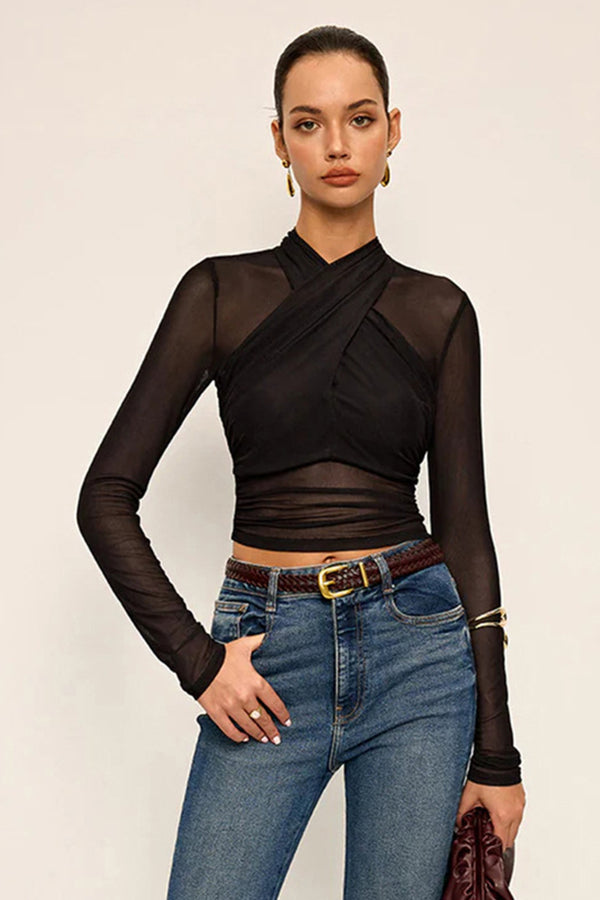 Cross Neck Long Sleeve See Through Top