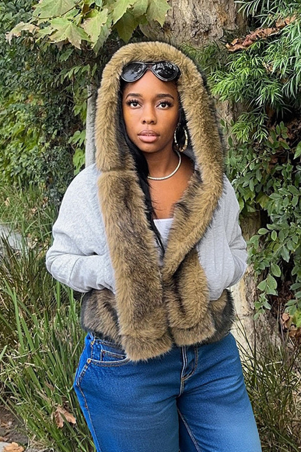 Faux Fur Trim Crop Hooded Cardigan