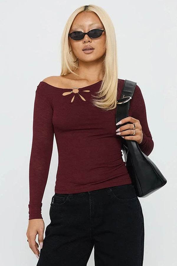 Solid One Shoulder Hollow Long Sleeve Top