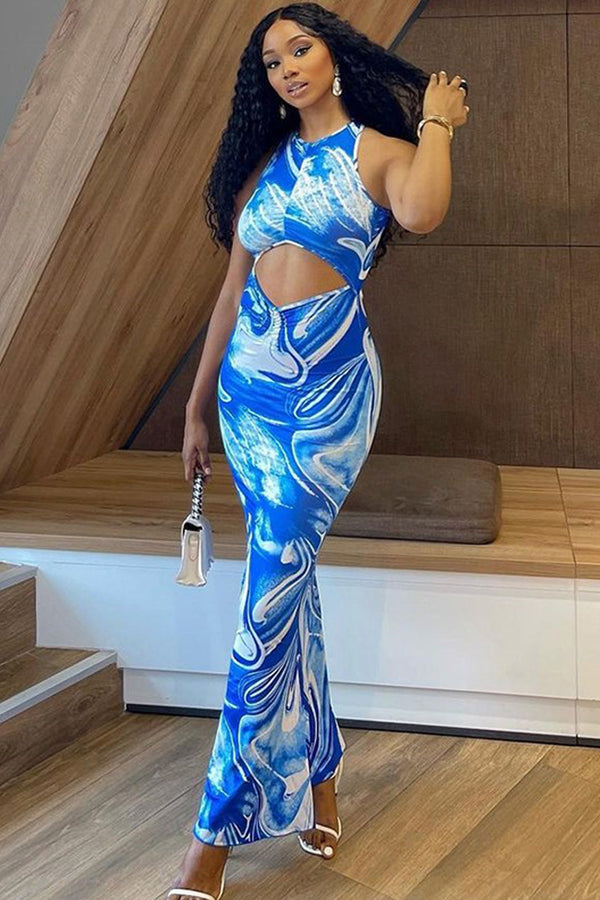 Print Cut Out Ruched Bodycon Maxi Dress