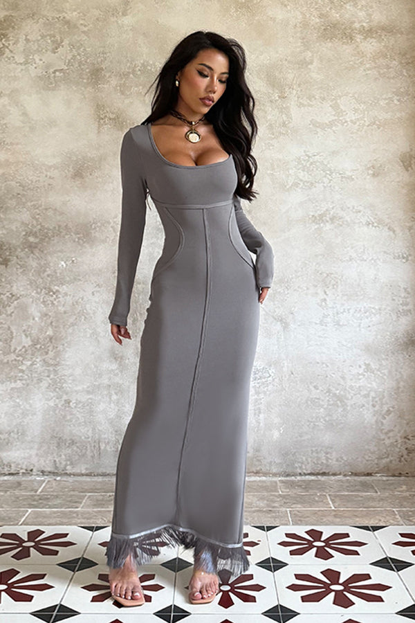 Square Neck Long Sleeve Tassel Hem Knit Dress