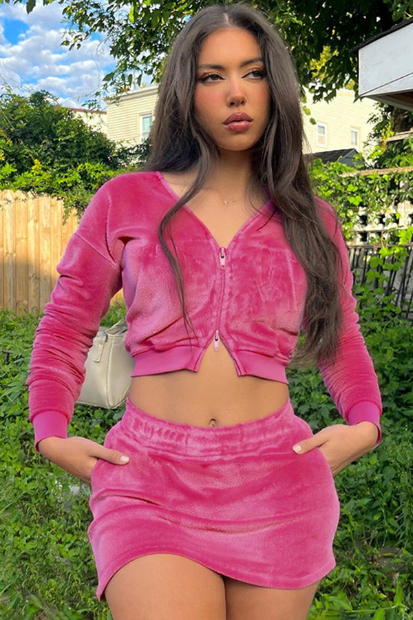 Velvet Zipper Hoodie And Mini Skirt Set