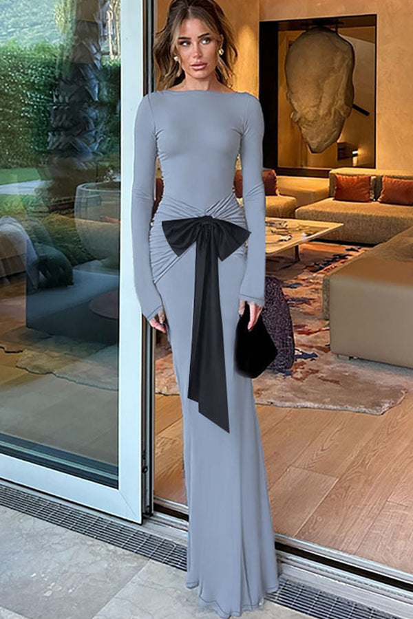 Long Sleeve Pleated Bow Draped Front Maxi Dress