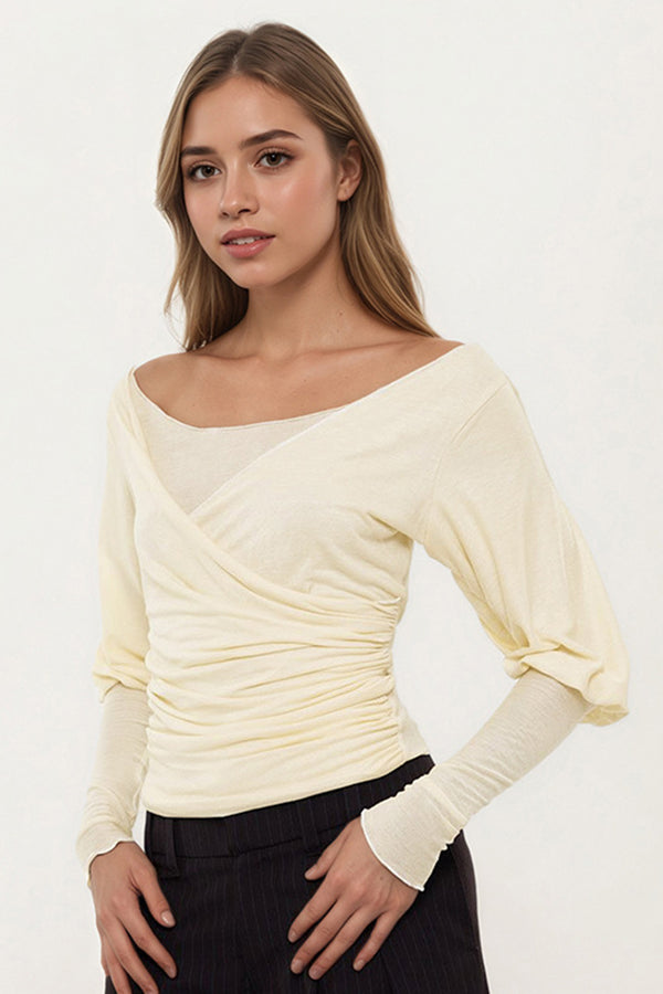 Long Sleeve V Neck Ruched Mesh Top