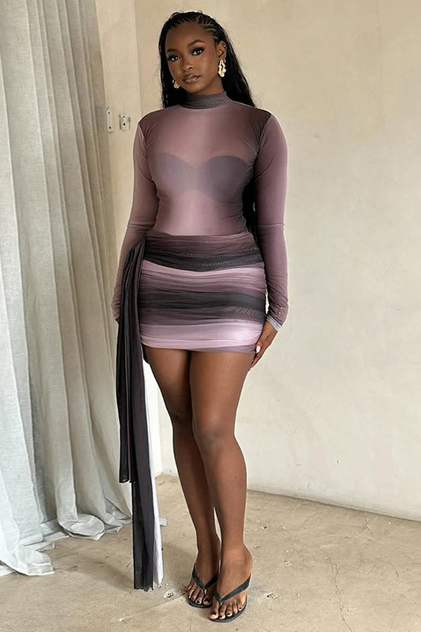 Gradient Mock Neck Long Sleeve Ruched Ribbon Dress