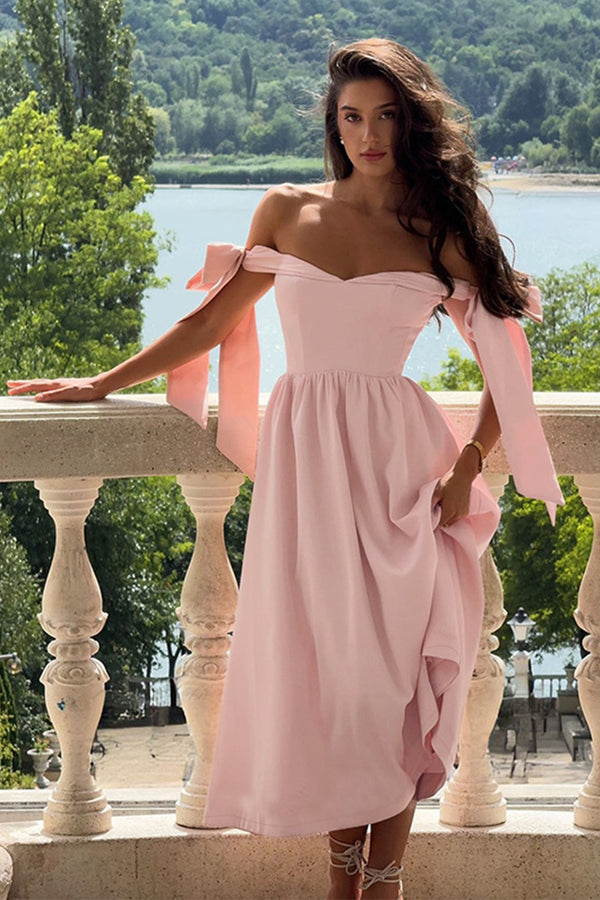 Satin Off Shoulder Bow Lace Up Midi Dress