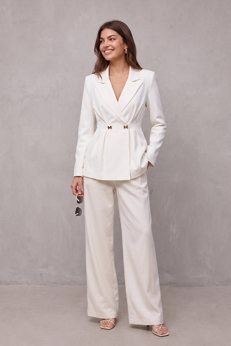 Gold Button Minimalist Round Neck Tailored Pants Sets