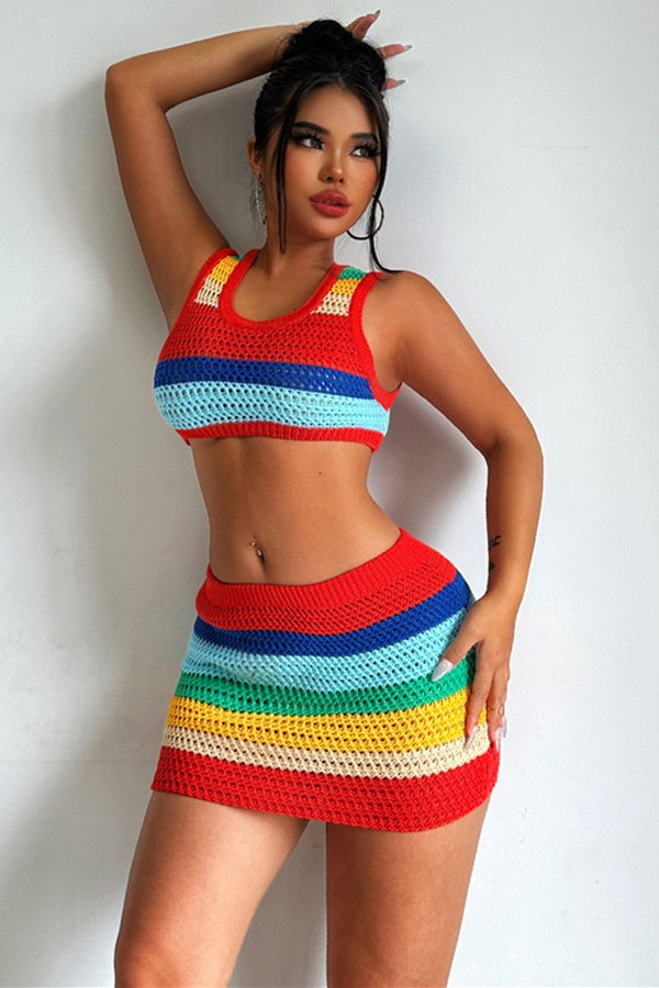 Rainbow Stripes Crochet Tank Top & Skirt