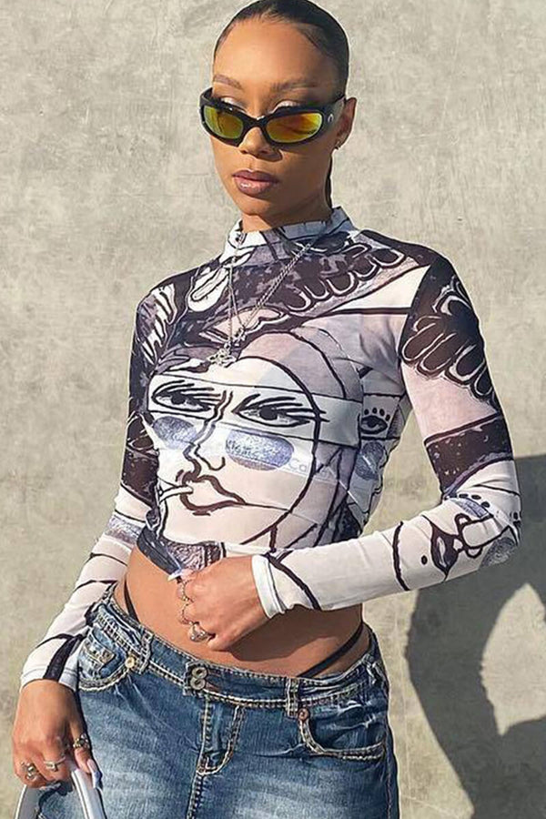 Abstract Face Mesh Long Sleeve Crop Top