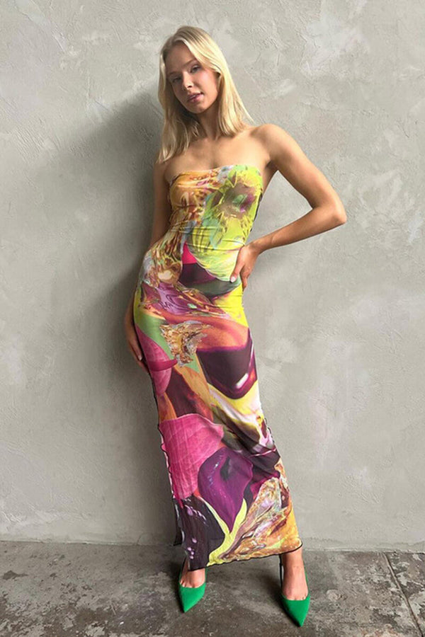 Print Lace Up Back Strapless Maxi Dress