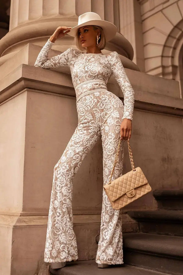 Lace Embroidery High Waist Flare Jumpsuit Long Sleeve