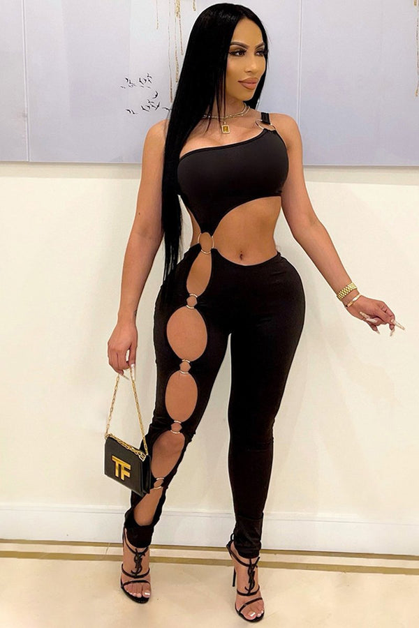 Cut Out Ring Linked Skinny Jumpsuit One Shoulder