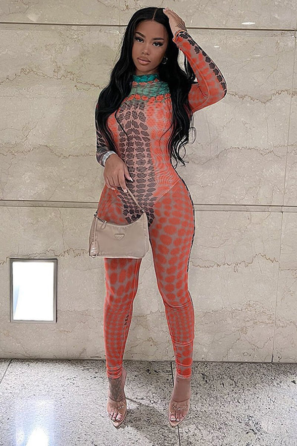 Colorful Snakeskin Print Bodycon Jumpsuit Long Sleeve