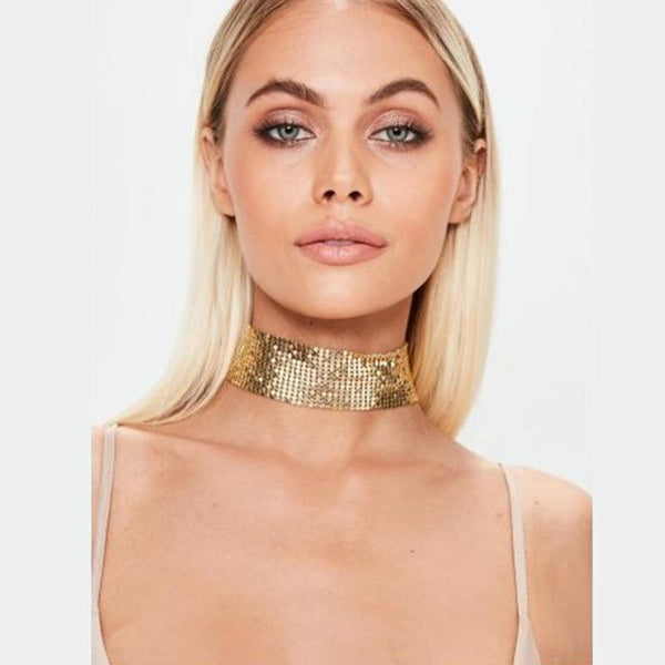 Metallic Netted Chain Adjustable Wide Choker Necklace