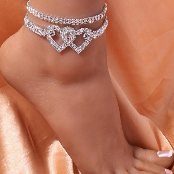 Double Heart Silver Rhinestone Chain Anklet
