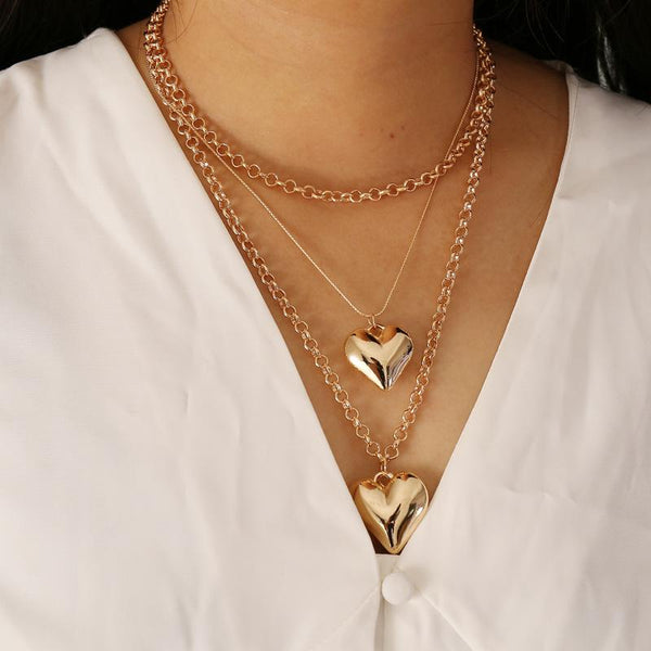 Gold Three-layered Heart Chain Pendant Necklace